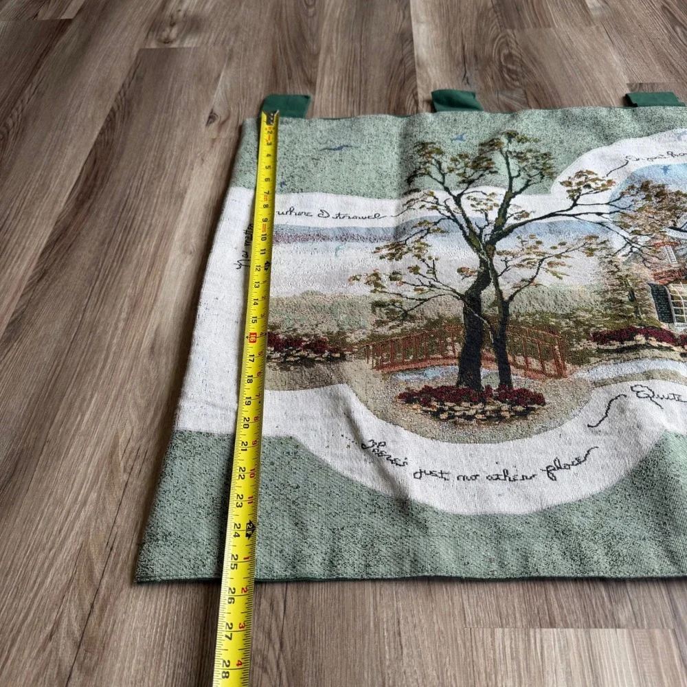 Vintage Woven Tapestry Wall‎ Hanging Home Sweet Home Cottage Scene Green 35x26